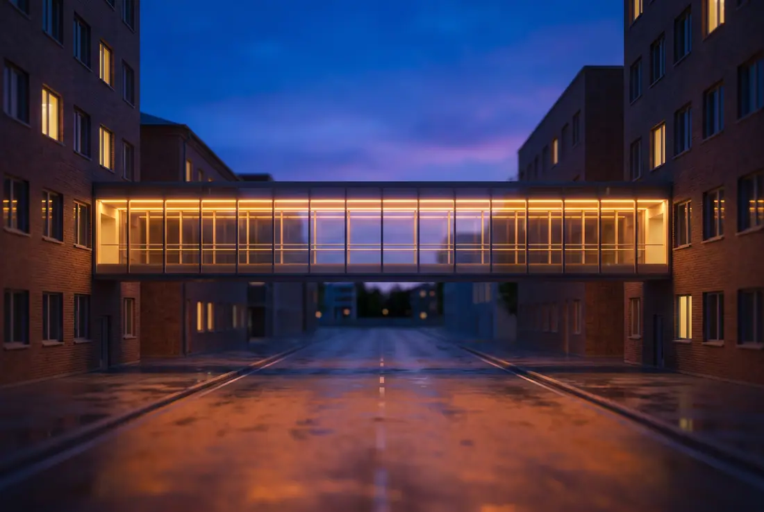 Glass pedestrian bridge glowing warm over a wet downtown street at night