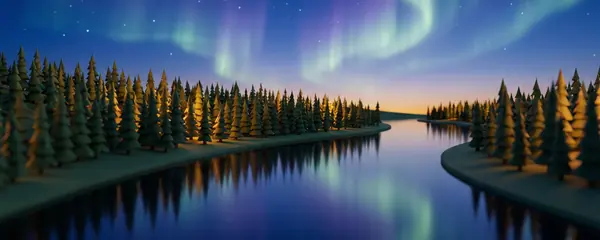 Aurore verte au-dessus de la lisière d'une forêt d'épinettes, reflétée dans une large rivière calme